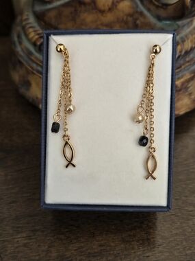 Chain Drop Dangle Earrings Small Ichthys Fish Symbol, Black & Pearl Like Beads